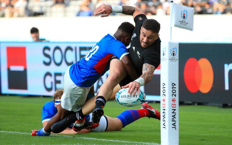 TJ Perenara scores a try for New Zealand against Namibia in the 2019 World Cup - PA