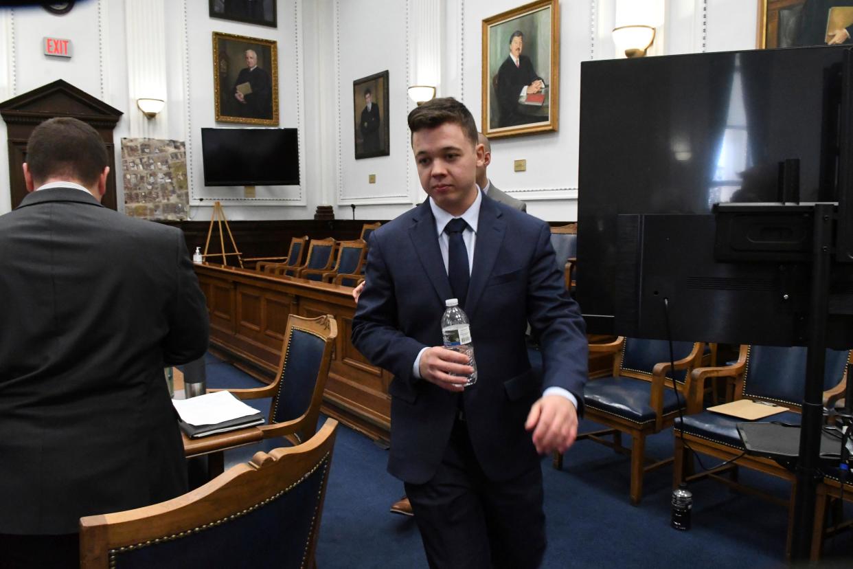 Kyle Rittenhouse walks off the witness stand for a short recess after breaking down during his testimony at his trial at the Kenosha County Courthouse in Kenosha, Wis., on Wednesday, Nov. 10, 2021.