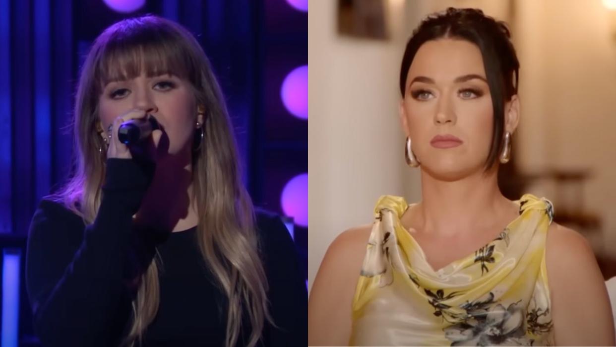  Kelly Clarkson singing on her show beside Katy Perry on American Idol. 