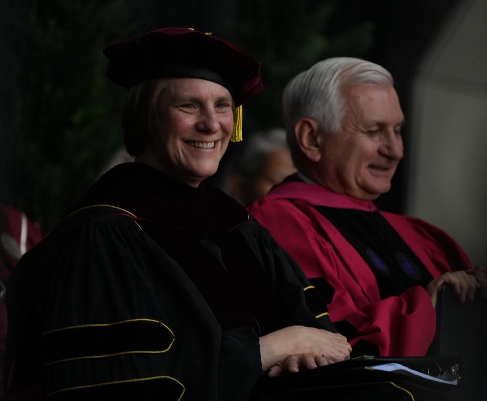 The inaugural ceremony for Cindy R. Jebb, making her the fifth president of Ramapo College in Mahwah , NJ on October 14, 2022. Here is Jebb with US Senator Jack Reed of Rhode Island during the ceremony.