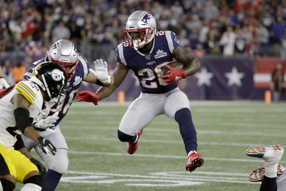 New England Patriots running back Sony Michel carries the ball in the second half of an NFL football game against the Pittsburgh Steelers, Sunday, Sept. 8, 2019, in Foxborough, Mass. (AP Photo/Elise Amendola)