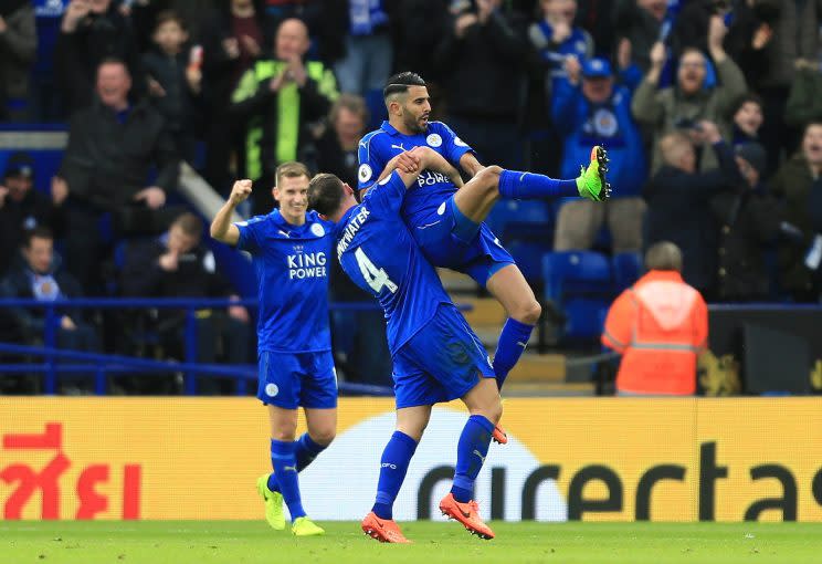 Riyad Mahrez is congratulated by his team-mates after putting the Foxes ahead