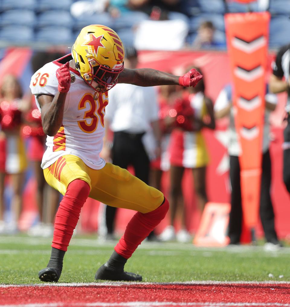 Stars safety Ahmad Dixon celebrates a play during the USFL semifinal won by his team over the Generals at Tom Benson Hall of Fame Stadium, Saturday, June 25, 2022.