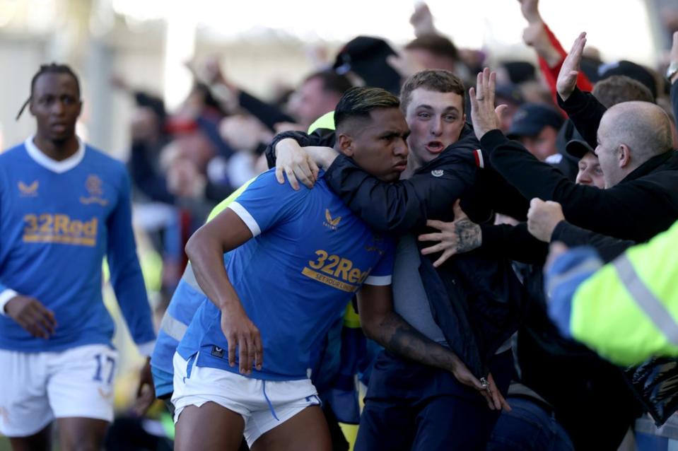 Rangers’ Alfredo Morelos celebrates scoring his side’s second goal against St Mirren (Steve Welsh/PA) (PA Wire)