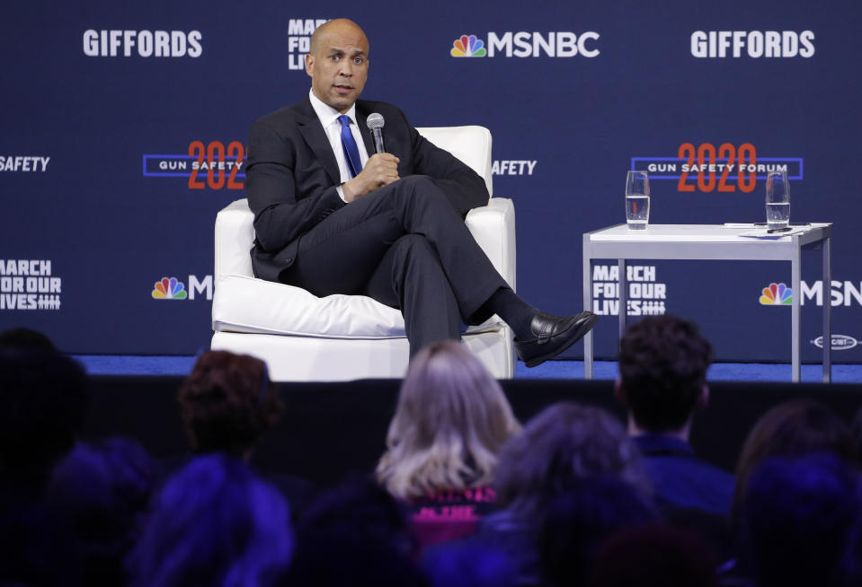 Democratic presidential candidate Sen. Cory Booker, D-N.J., speaks during a gun safety forum Wednesday, Oct. 2, 2019, in Las Vegas. (AP Photo/John Locher)