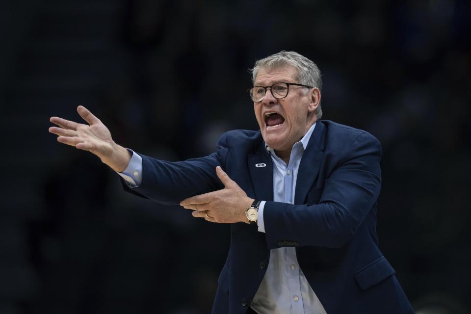 UConn head coach Geno Auriemma yells to his team during the first half of a Sweet 16 college basketball game of the NCAA tournament against Ohio State, Saturday, March 25, 2023, in Seattle. (AP Photo/Stephen Brashear)