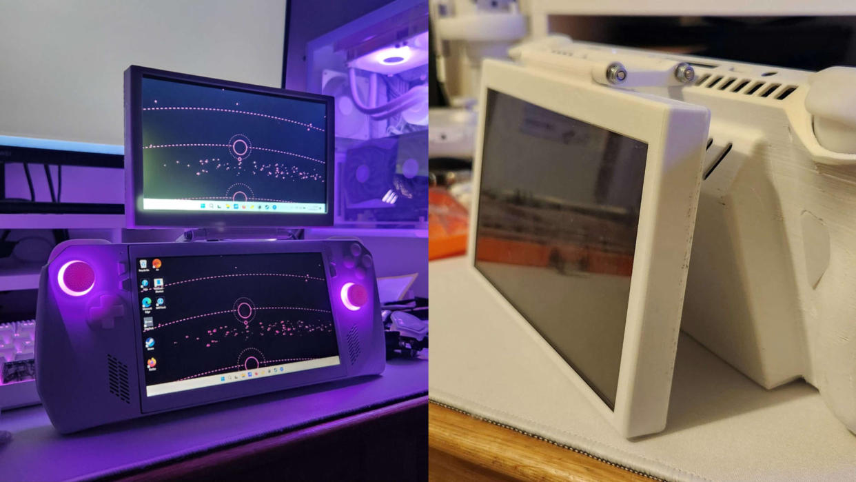  Two images of a custom-built external monitor mod for the Asus ROG Ally handheld gaming PC. 