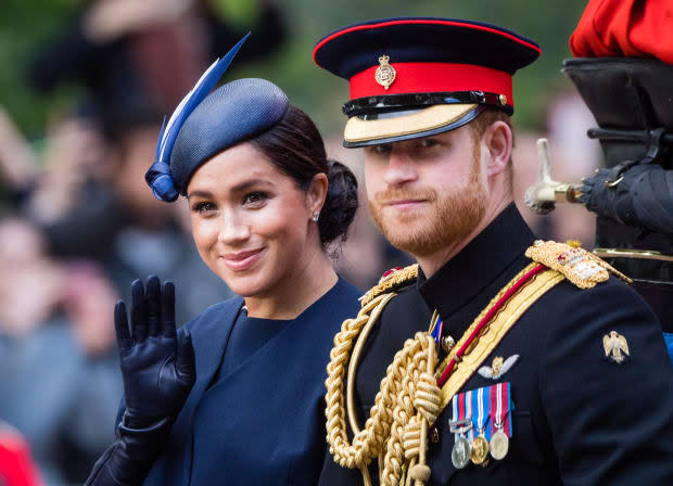<em>Meghan, Duchess of Sussex, in custom Givenchy and </em><em>Prince Harry, Duke of Sussex, </em><em>attend the Trooping the Colour, the Queen's annual birthday parade, in London. Photo: Samir Hussein/WireImage</em>