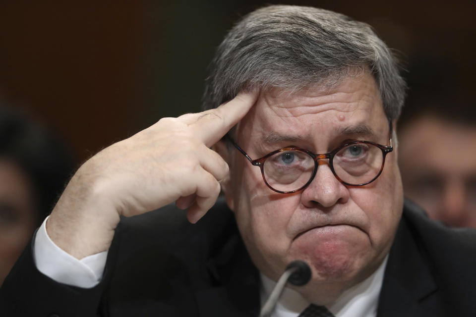 Attorney General William Barr appears at a Senate hearing on Capitol Hill in Washington, D.C., on Wednesday. (Photo/Andrew Harnik/AP)