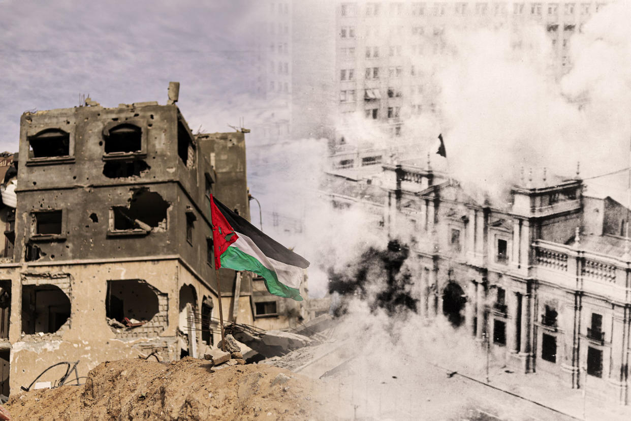 Palestine flag rubble Gaza Chile