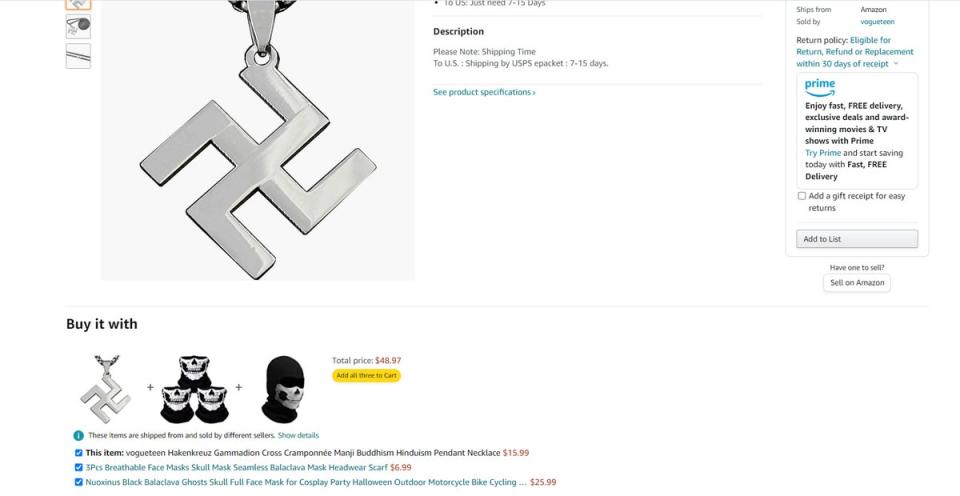 The website listed the product as “Buddhism-Hinduism Pendant” (Rubenstein Public Relations / Amazon)