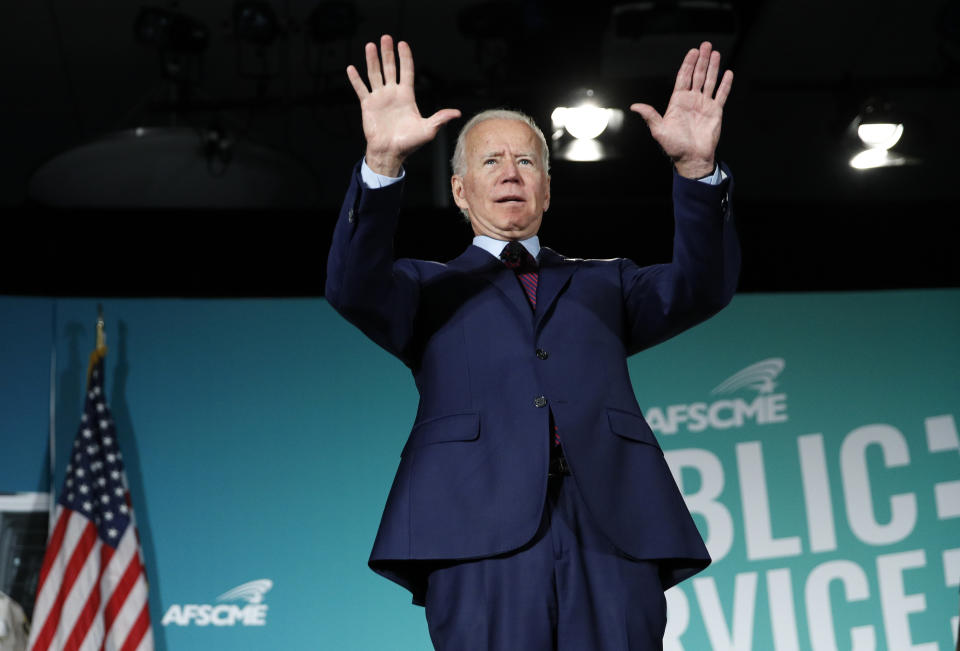 Former Vice President and Democratic presidential candidate Joe Biden speaks during a public employees union candidate forum Saturday, Aug. 3, 2019, in Las Vegas. (AP Photo/John Locher)