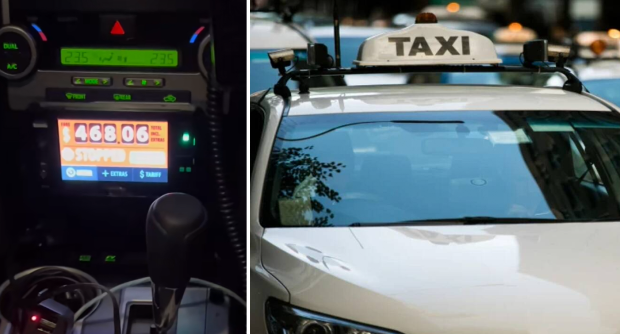 A taximeter showing a passenger owes $468.06 after he fell asleep (left) and a white taxi can be seen (right). 