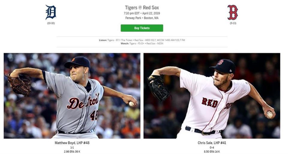 老虎、紅襪先發投手名單，圖取自MLB官網
