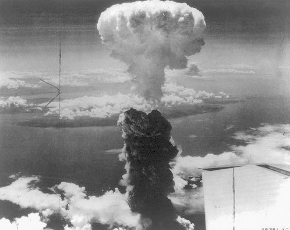 A mushroom cloud rises into the atmosphere after the atomic bomb named “Fat Man” was detonated over Nagasaki in Japan on on Aug. 9, 1945. The plutonium powered bomb was 40% more powerful than the uranium bomb detonated over Hiroshima just three days before.