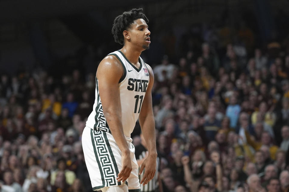 Michigan State guard A.J. Hoggard stands on the court after missing a free throw during the final seconds of the team's NCAA college basketball game against Minnesota, Tuesday, Feb. 6, 2024, in Minneapolis. (AP Photo/Abbie Parr)