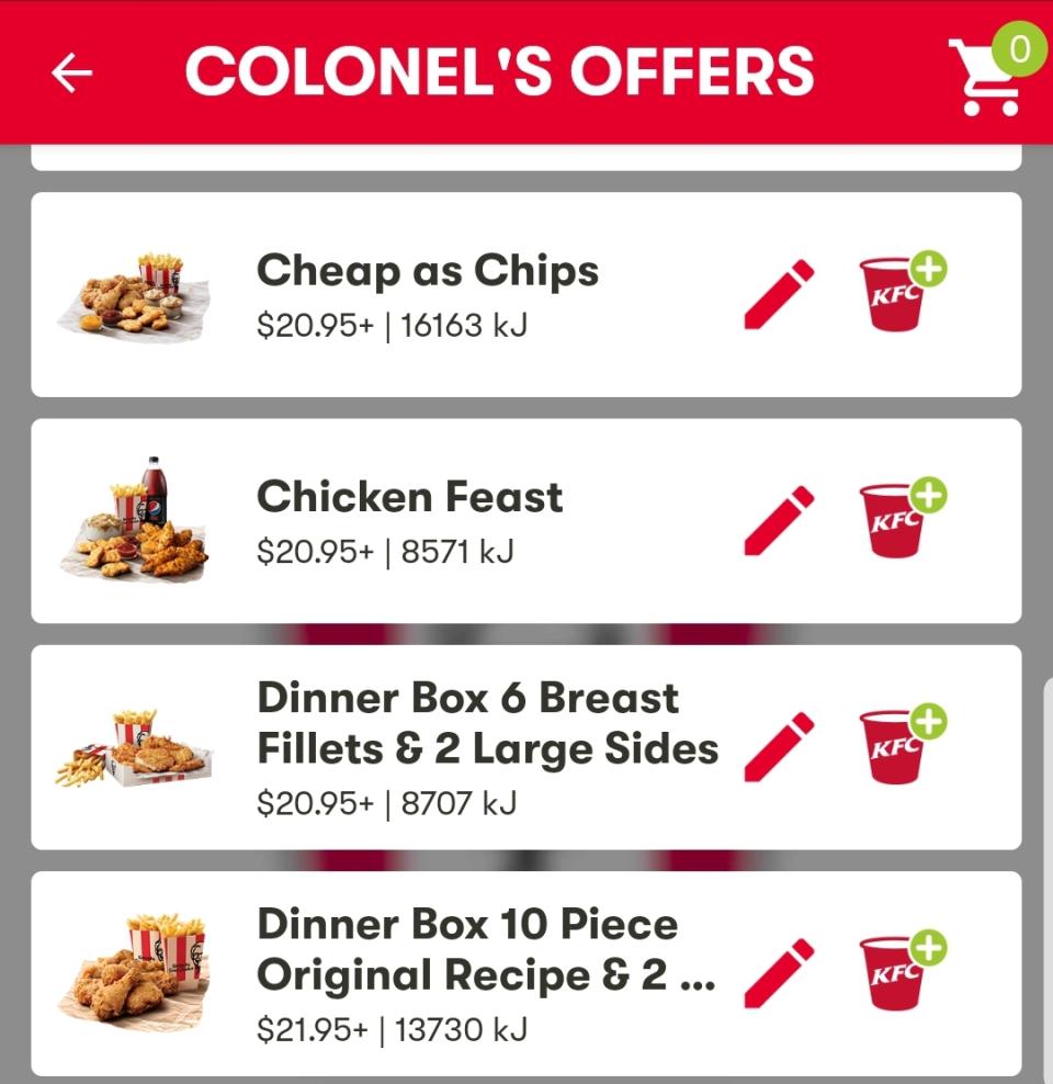 KFC discounts on Colonel's Table section in the smartphone app.