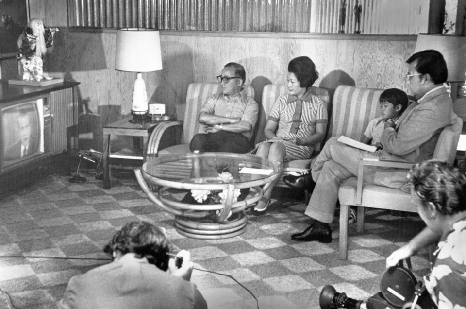 Senator Daniel Inouye (R), a member of the Senate Watergate Committee, watched President Nixon deliver his speech Wednesday with family and friends.