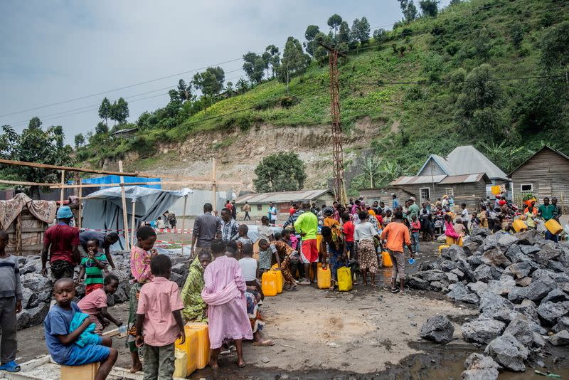 FILE PHOTO: Doctors Without Borders (MSF) team members help displaced Congolese evacuated from their homes destroyed by the eruption of Mount Nyiragongo, in Sake