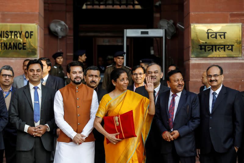 FILE PHOTO: India's Finance Minister Nirmala Sitharaman holds budget papers as she leaves her office to present the federal budget in the parliament in New Delhi