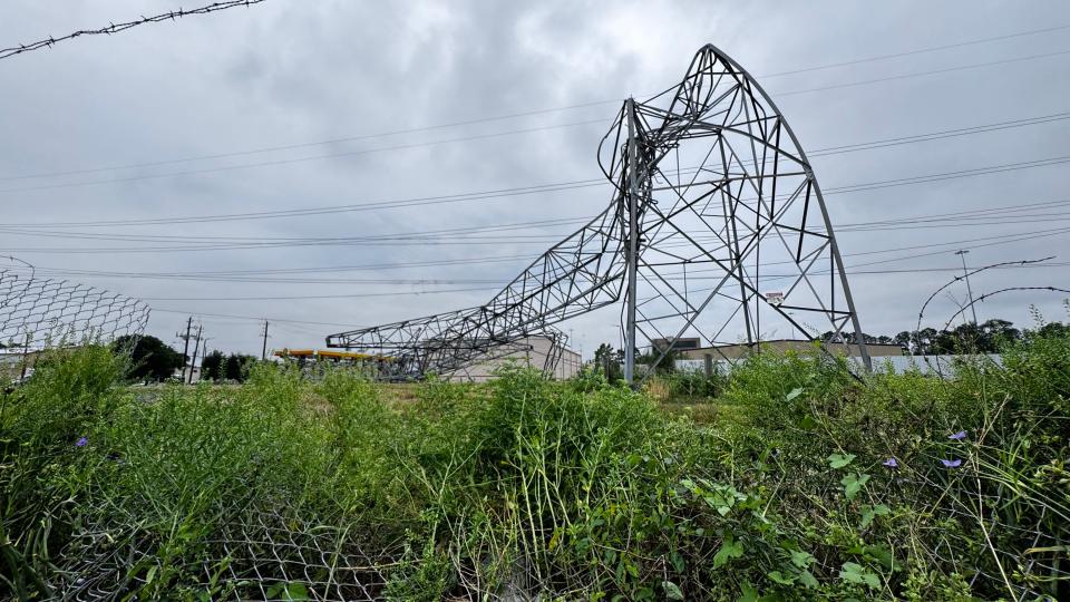 Transmission line damage in Southeast Texas after a derecho blasted the region on May 16, 2024.