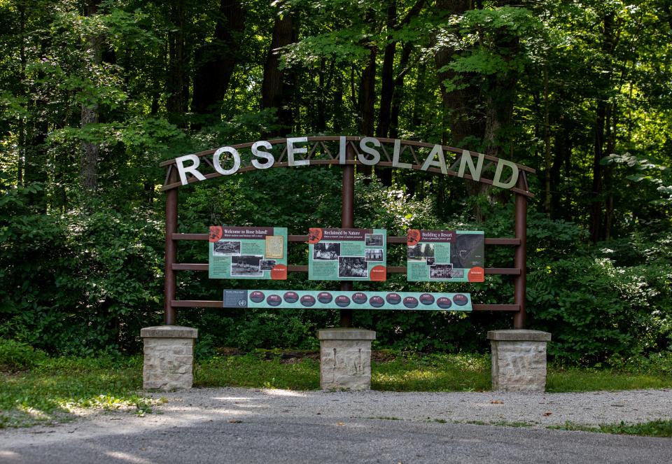 The entrance to Rose Island at Indiana's Charlestown State Park provides info on the history of the 100-year-old abandoned amusement park. July 1, 2022