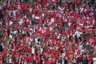 Fans cheer before the start of the World Cup group D soccer match between Denmark and Tunisia, at the Education City Stadium in Al Rayyan , Qatar, Tuesday, Nov. 22, 2022. (AP Photo/Petr David Josek)