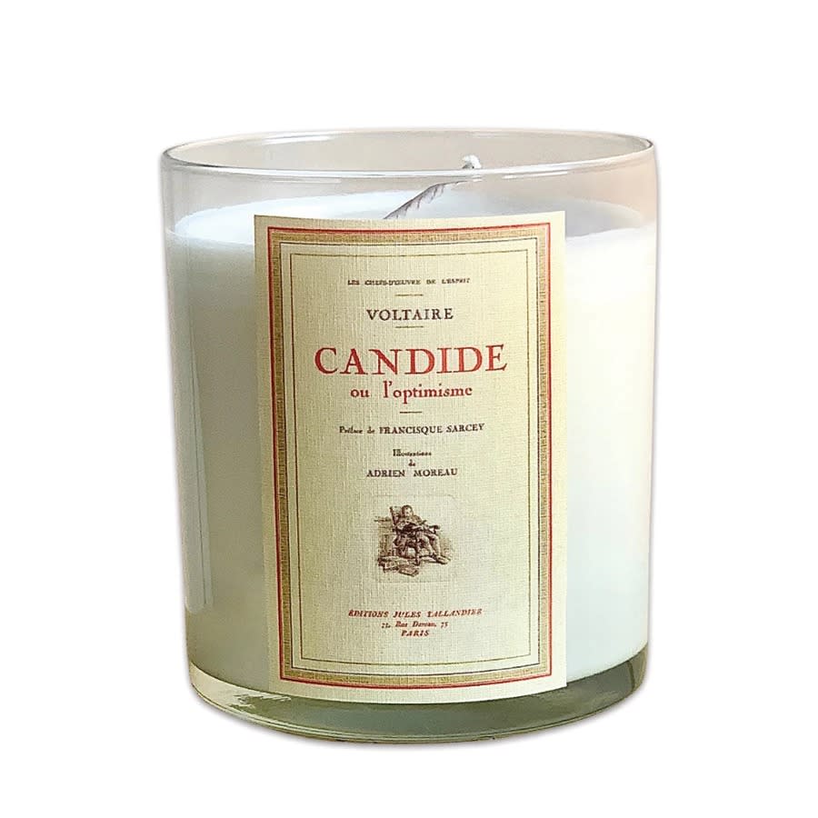 Noble Objects white candle candide label, best gifts for book lovers