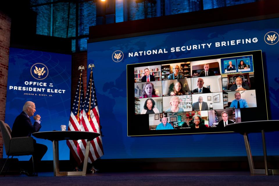 President-elect Joe Biden speaks during a virtual meeting with members of his national security and foreign policy agency review teams at The Queen theater, Monday, Dec. 28, 2020, in Wilmington, Delaware.