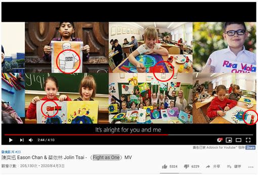 世界各地小孩在畫紙上畫上自己國家國旗與中國五星旗，寫上「中國加油」，引發網友眾怒。（圖／翻攝自YouTube）