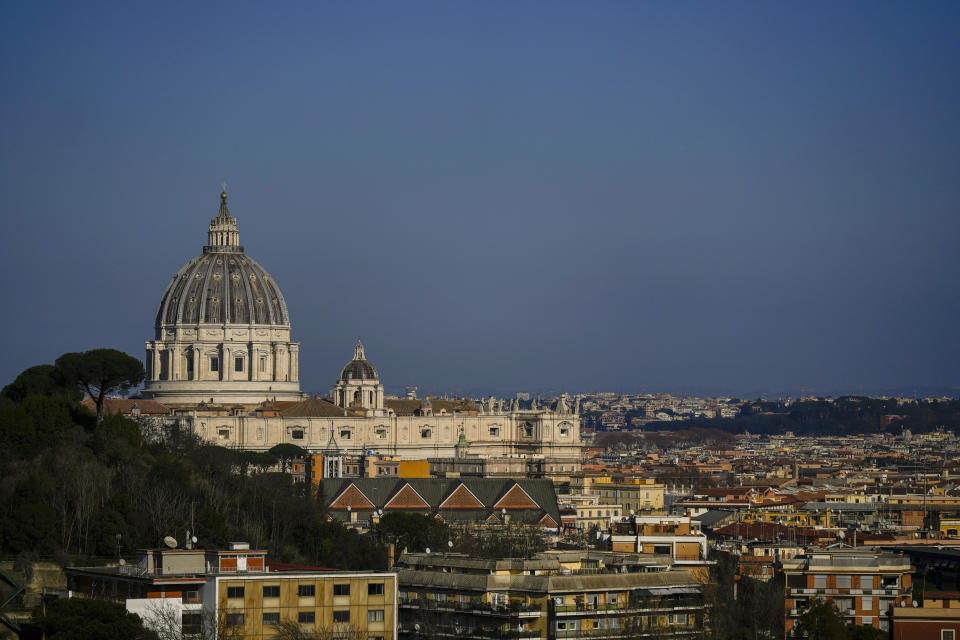 A view of the St. Peter's Basilica at The Vatican and Rome's skyline, Sunday, Jan.1, 2023. Pope Emeritus Benedict XVI, the German theologian who will be remembered as the first pope in 600 years to resign, has died, the Vatican announced SaturdayDec. 1, 2022. He was 95. (AP Photo/Andrew Medichini)