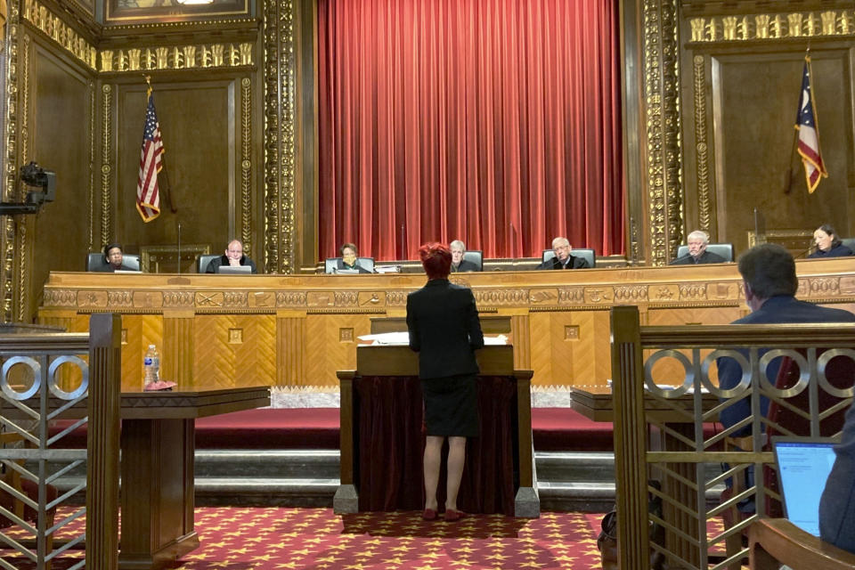FILE—Freda Levenson, ACLU of Ohio legal director, appears before the Ohio Supreme Court in Columbus, Ohio, during oral arguments in a constitutional challenge to new legislative district maps in this file photo from Dec. 8, 2021. On Friday, Jan. 14, 2022, the Ohio Supreme Court rejected a new map of the state's 15 congressional districts as gerrymandered, sending the blueprint back for another try. The 4-3 decision returns the process to the powerful Ohio Redistricting Commission. (AP Photo/Julie Carr Smyth, File)