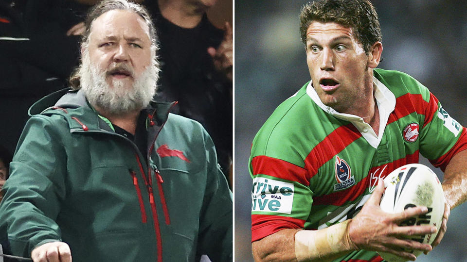 Bryan Fletcher and Russell Crowe, pictured here at South Sydney games.