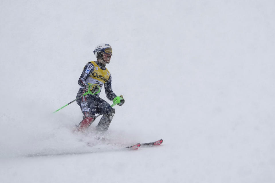 Norway's Alexander Steen Olsen reacts after finishing a men's World Cup slalom skiing race, Sunday, Feb. 26, 2023, in Olympic Valley, Calif. (AP Photo/Robert F. Bukaty)