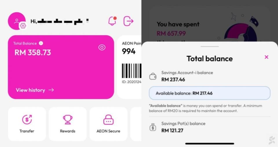 Aeon Bank: Account balance and account balance now also for pending card transactions ... pic