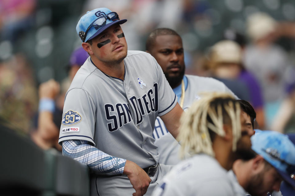 San Diego Padres right fielder Hunter Renfroe checks the sky during a rain delay in the sixth inning of a baseball game against the Colorado Rockies, Sunday, June 16, 2019, in Denver. (AP Photo/David Zalubowski)