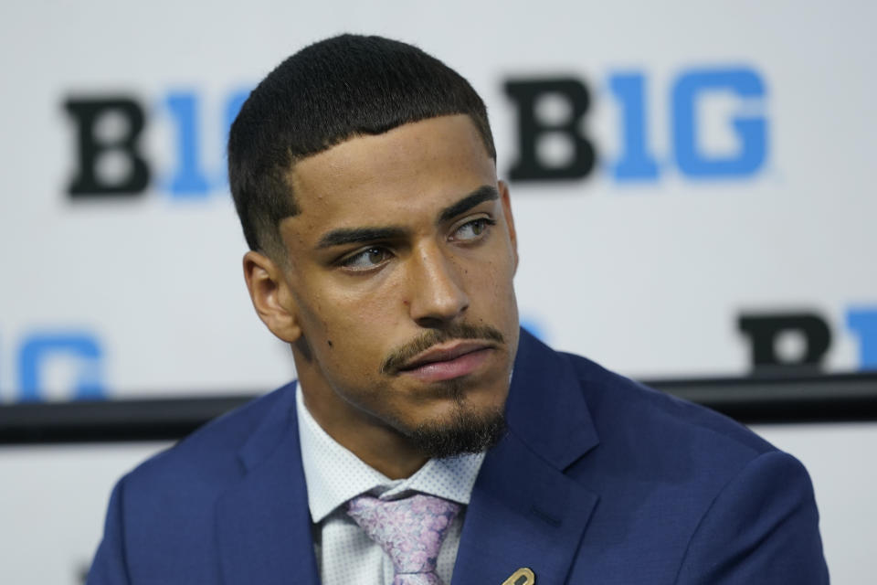 Purdue's Cam Allen talks to reporters during an NCAA college football news conference at the Big Ten Conference media days, at Lucas Oil Stadium, Wednesday, July 27, 2022, in Indianapolis. (AP Photo/Darron Cummings)