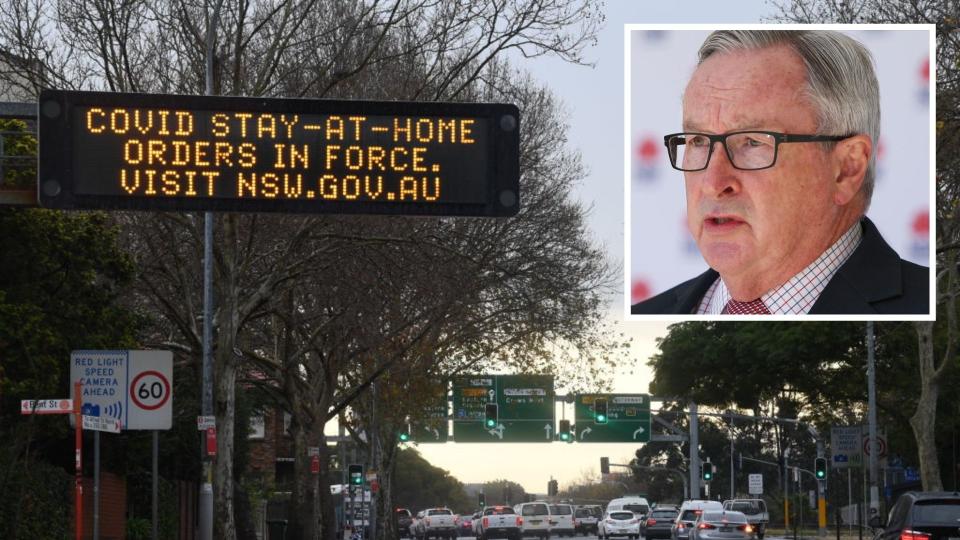 Road sign reminding NSW residents of lockdown, Brad Hazzard speaks at press conference. 