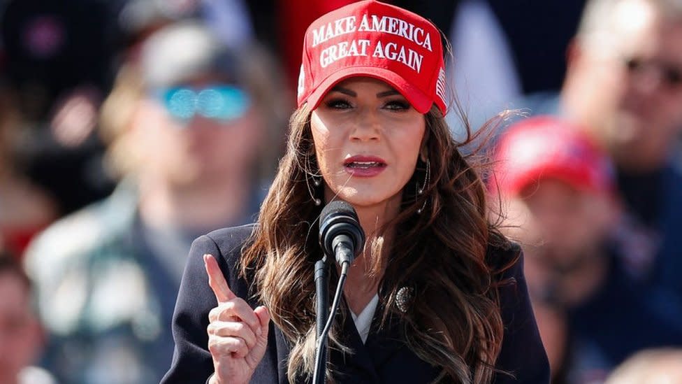 South Dakota Governor Kristi Noem speaks before former US President and Republican presidential candidate Donald Trump takes the stage during a Buckeye Values PAC Rally in Vandalia, Ohio, on March 16, 2024.