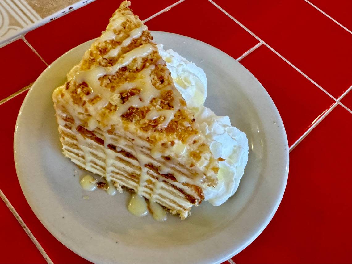 An eight-layer Napoleon cake, one of several dessert cakes and crepes at Taste of Europe in Arlington, seen Aug. 3, 2024.