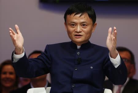 Jack Ma, Founder and Executive Chairman of Alibaba Group, gestures during the session 'An Insight, An Idea with Jack Ma' in the Swiss mountain resort of Davos January 23, 2015. REUTERS/Ruben Sprich