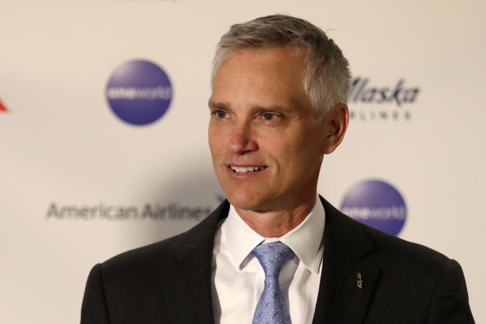 FILE - American Airlines President Robert Isom speaks at a news conference about the company's new partnership with Alaska Airlines, Thursday, Feb. 13, 2020, in Seattle. American Airlines CEO Doug Parker will retire next March and be replaced by the airline's current president, Robert Isom. American said Tuesday, Dec. 7, 2021, that Parker will remain chairman. (AP Photo/Elaine Thompson, File)