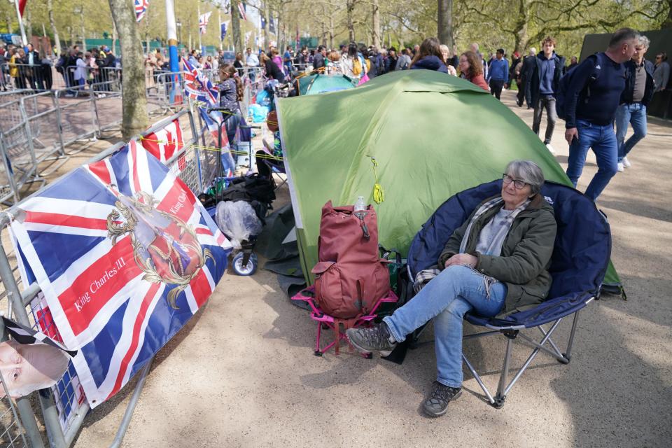 Royal fan Mary-Jane Willows from Cornwall, who is camping out on The Mall, near Buckingham Palace in central London (PA)