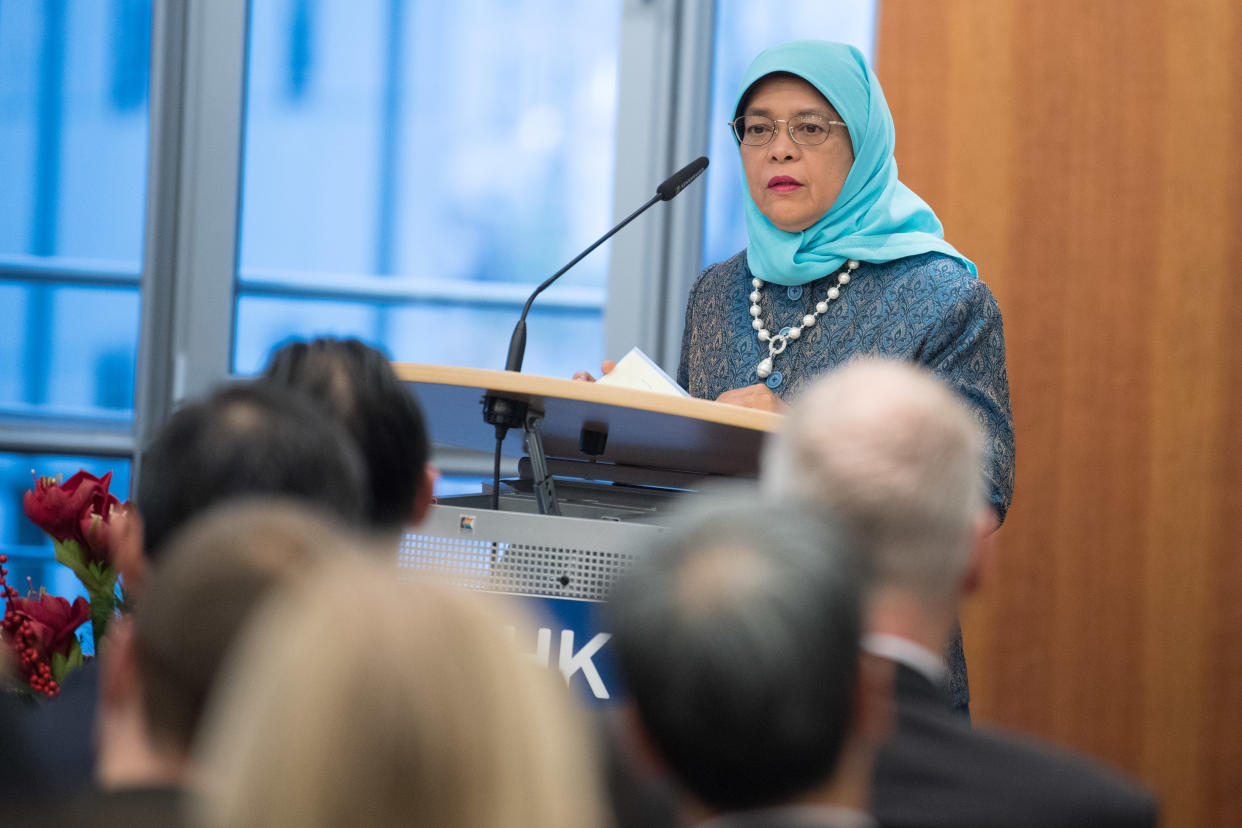 09 December 2019, Berlin: Singapore's President Halimah Yacob Speaks at DIHK - Deutscher Industrie- und Handelskammertag e. V. Several memoranda are to be signed to intensify economic relations between Germany and Singapore. Photo: Jörg Carstensen/dpa (Photo by Jörg Carstensen/picture alliance via Getty Images)