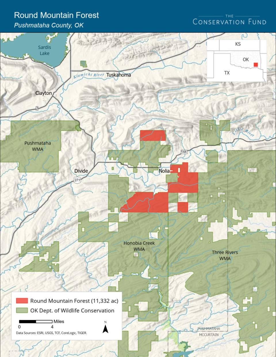 A map shows details of Round Mountain Forest and its location in Oklahoma.