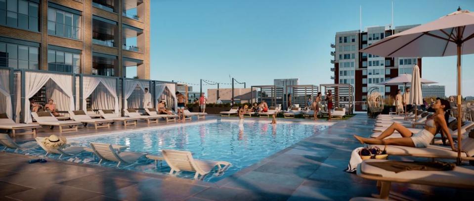 A rendering of the rooftop pool of the 37-story residential tower, Highline Glenwood, on the corner of Glenwood Avenue and Tucker Street.  New York-based developer Turnbridge Equities plans to open in late 2024.