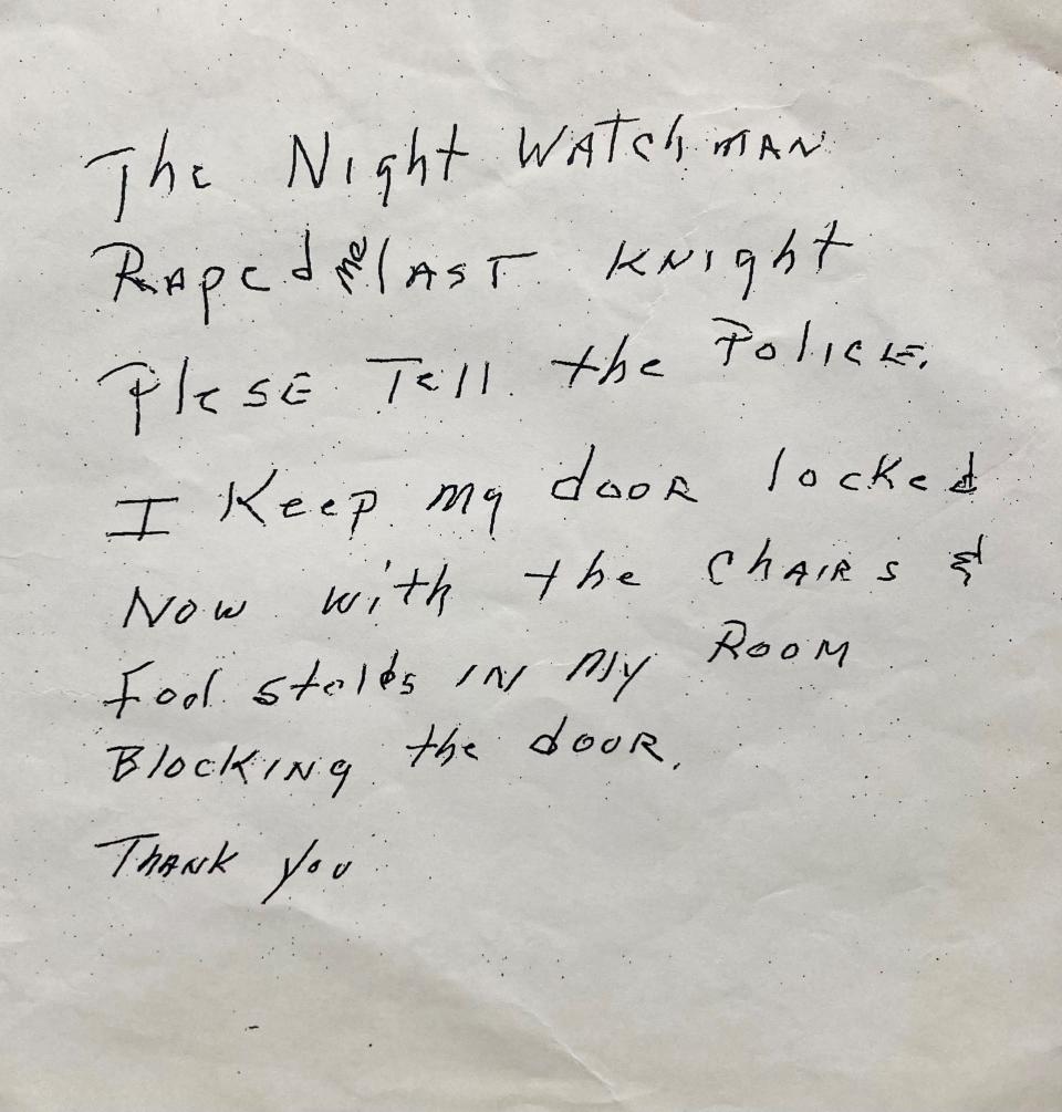 A resident at an assisted living facility wrote a note to staff about her assault.