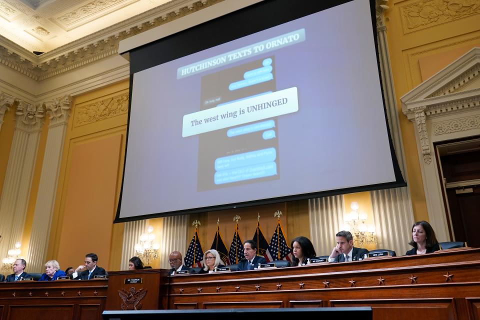 A text from Cassidy Hutchinson, former aide to Trump White House chief of staff Mark Meadows, is displayed as the House select committee investigating the Jan. 6 attack on the U.S. Capitol holds a hearing at the Capitol in Washington, Tuesday, July 12, 2022.