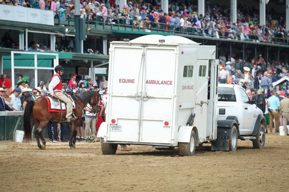 An equine ambulance enters the racetrack at Churchill Downs to collect one of the entrants in the 10th race, the Churchill Downs Stakes, on Derby Day in 2023. Jonathan Palmer