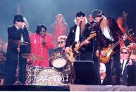 Dan Aykroyd, James Brown, Frank Beard, Dusty Hill and Billy Gibbons of ZZ Top at the 1997 Superbowl Half-time Show at in New Orleans, Louisiana. (Photo by Jeff Kravitz/FilmMagic)